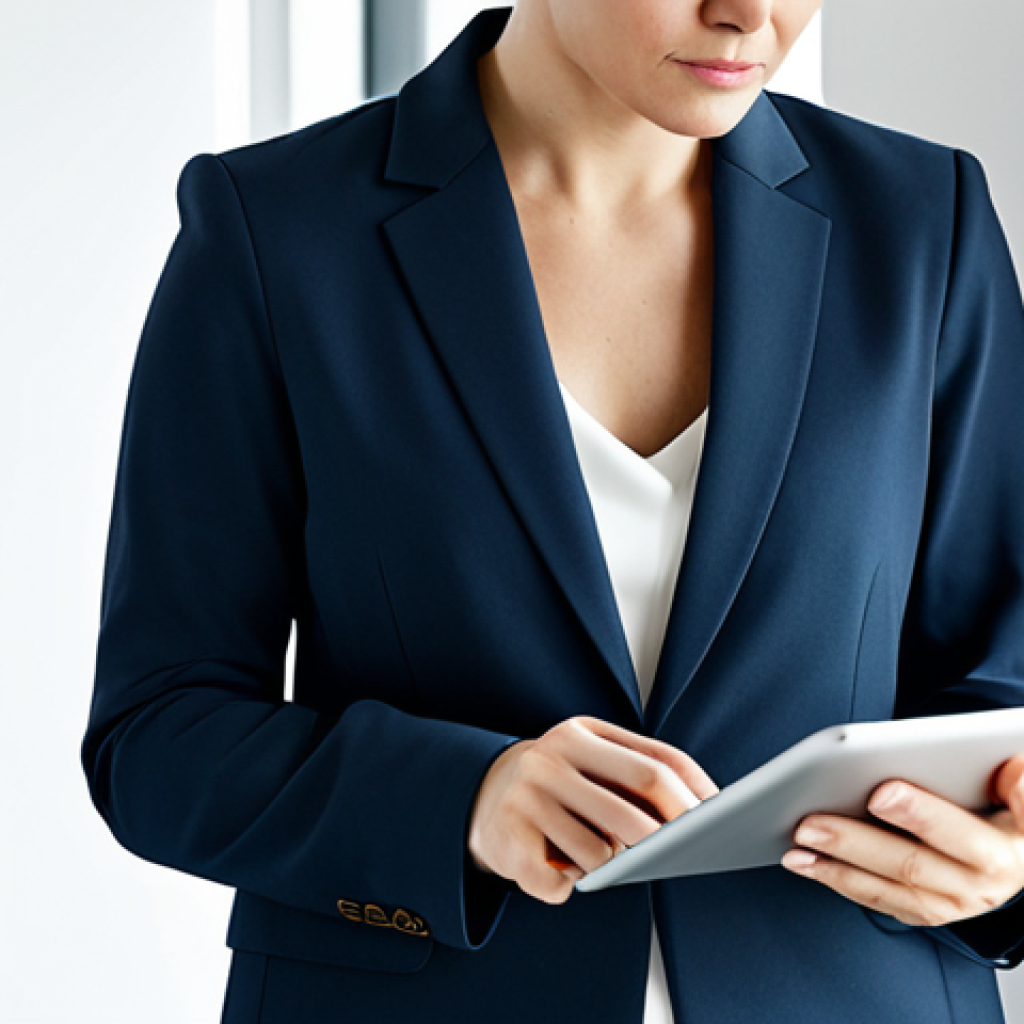 A focused professional content strategist, an adult female, in a modest business blazer and smart trousers, deeply absorbed in reviewing digital content on a sleek tablet. The scene is a well-lit, modern co-working space with clean lines, minimalist decor, and a soft, professional atmosphere. fully clothed, appropriate attire, professional dress, safe for work, appropriate content, perfect anatomy, correct proportions, natural pose, well-formed hands, proper finger count, natural body proportions, high-quality professional photography, detailed, realistic.