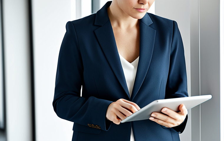 A focused professional content strategist, an adult female, in a modest business blazer and smart trousers, deeply absorbed in reviewing digital content on a sleek tablet. The scene is a well-lit, modern co-working space with clean lines, minimalist decor, and a soft, professional atmosphere. fully clothed, appropriate attire, professional dress, safe for work, appropriate content, perfect anatomy, correct proportions, natural pose, well-formed hands, proper finger count, natural body proportions, high-quality professional photography, detailed, realistic.
