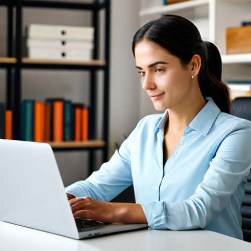 Home 23 A professional digital content creator, female, in a modest business casual outfit, sits comfortably at a sleek desk in a sunlit, modern home office. She is looking thoughtfully at a laptop screen, with a warm, genuine expression. The background features blurred shelves with books and a few tasteful decorative elements, suggesting creativity and personal touch. Her posture is relaxed and natural. Fully clothed, appropriate attire, safe for work, perfect anatomy, correct proportions, natural pose, well-formed hands, proper finger count, natural body proportions, professional photography, high quality.