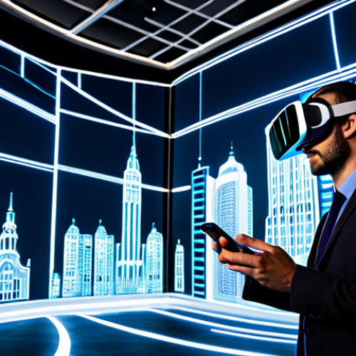 Home 22 A person, fully clothed in modest professional attire, experiencing an immersive digital narrative. One side of the image shows the person wearing a sleek VR headset, deeply engaged in a vibrant, futuristic virtual world filled with glowing data streams and interactive holographic elements. The other side shows the same person holding a smartphone, with augmented reality overlays transforming a mundane cityscape into an interactive story, displaying historical figures or fantastical creatures within the real environment. The scene seamlessly blends the physical and digital, showcasing active participation in evolving digital channels. perfect anatomy, correct proportions, natural pose, well-formed hands, proper finger count, natural body proportions, professional photography, high quality, safe for work, appropriate content, fully clothed, family-friendly.