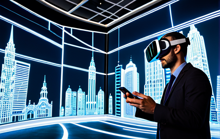 A person, fully clothed in modest professional attire, experiencing an immersive digital narrative. One side of the image shows the person wearing a sleek VR headset, deeply engaged in a vibrant, futuristic virtual world filled with glowing data streams and interactive holographic elements. The other side shows the same person holding a smartphone, with augmented reality overlays transforming a mundane cityscape into an interactive story, displaying historical figures or fantastical creatures within the real environment. The scene seamlessly blends the physical and digital, showcasing active participation in evolving digital channels. perfect anatomy, correct proportions, natural pose, well-formed hands, proper finger count, natural body proportions, professional photography, high quality, safe for work, appropriate content, fully clothed, family-friendly.