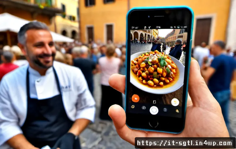 Home 11 디지털 스토리의 참여 유도 기법 - Photorealistic close-up of an Italian travel storyteller filming a vibrant street food demonstration...